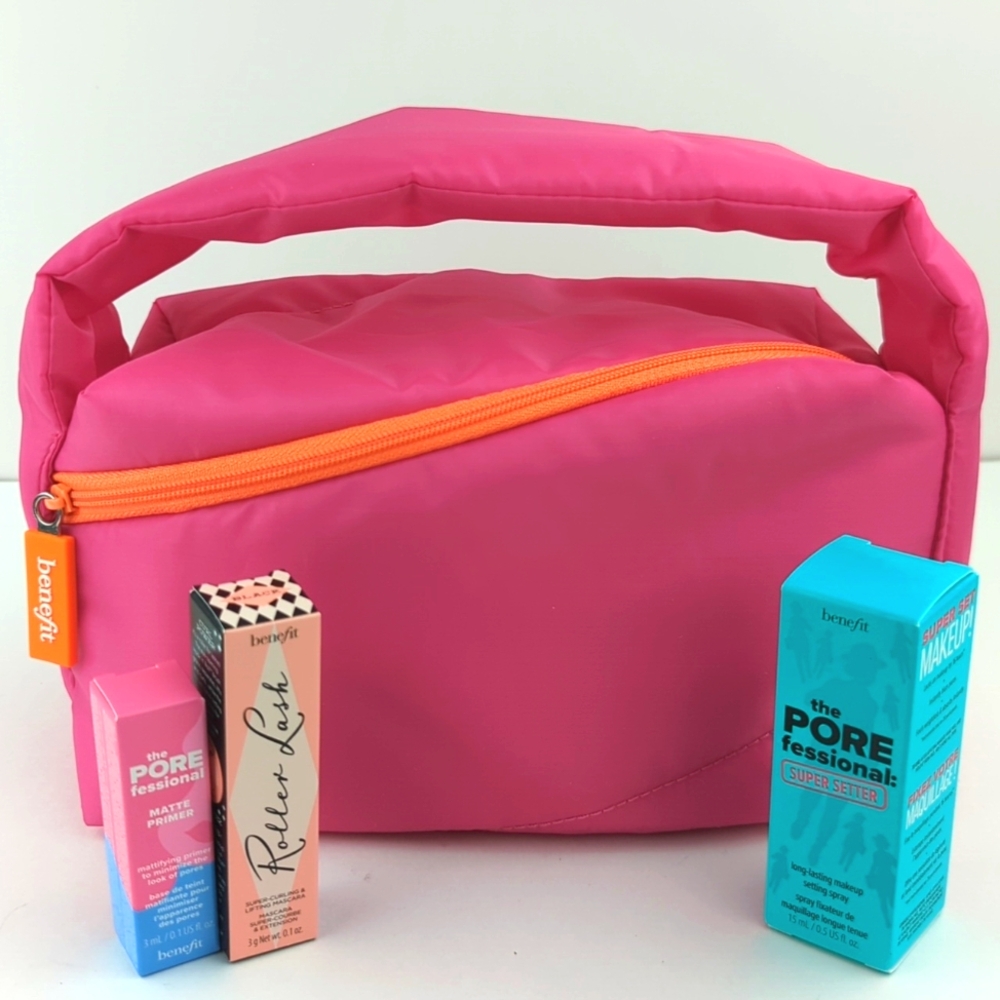 Benefit Pink & Orange Cosmetics Bag + Travel Minis